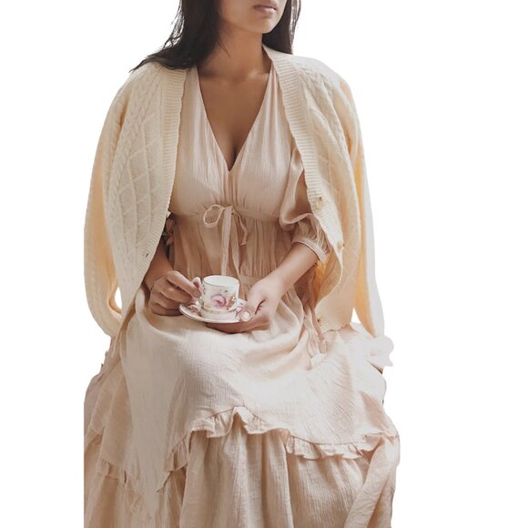 &Mercy Eilonwy Tiered Light Pink Midi Dress w/ 3/4 Puff Sleeves - Size Medium - Picture 2 of 10